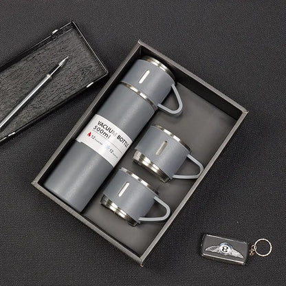 Vacuum Flask Set Stainless Steel Drinking Water Bottle with 3 Cups - 500ml Best Gift