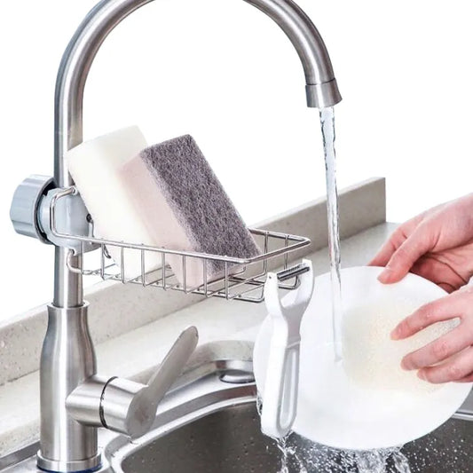 Kitchen Sink Faucet Shelf Stainless Steel Sponge Holder Adjustable Sink Faucet Dishcloth Storage Rack