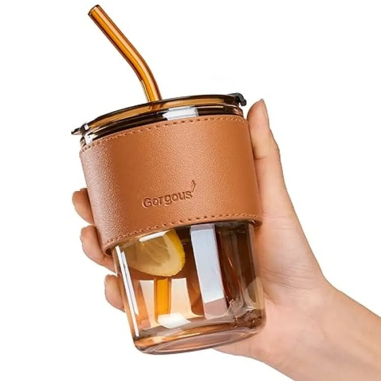 Coffee Cup With Drinking Straw, Lid and PU Leather Sleeve