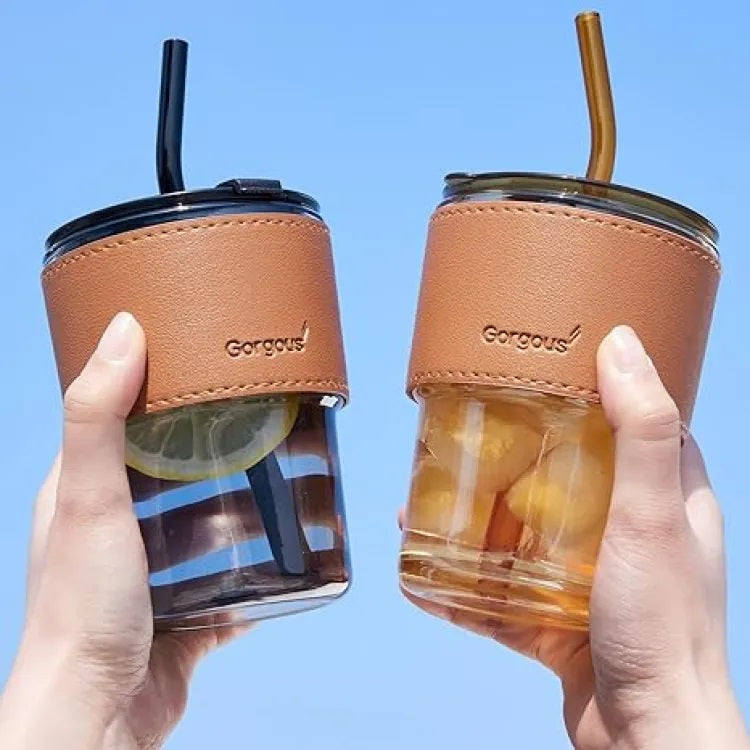 Coffee Cup With Drinking Straw, Lid and PU Leather Sleeve