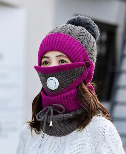 Ladies Winter Soft Fleece Cap and Scarf with Face Mask